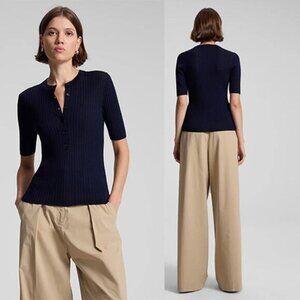 NWT A.L.C. Fisher Fine Merino 3/4 Sleeve Ribbed Buttoned Top Navy Blue Size: L